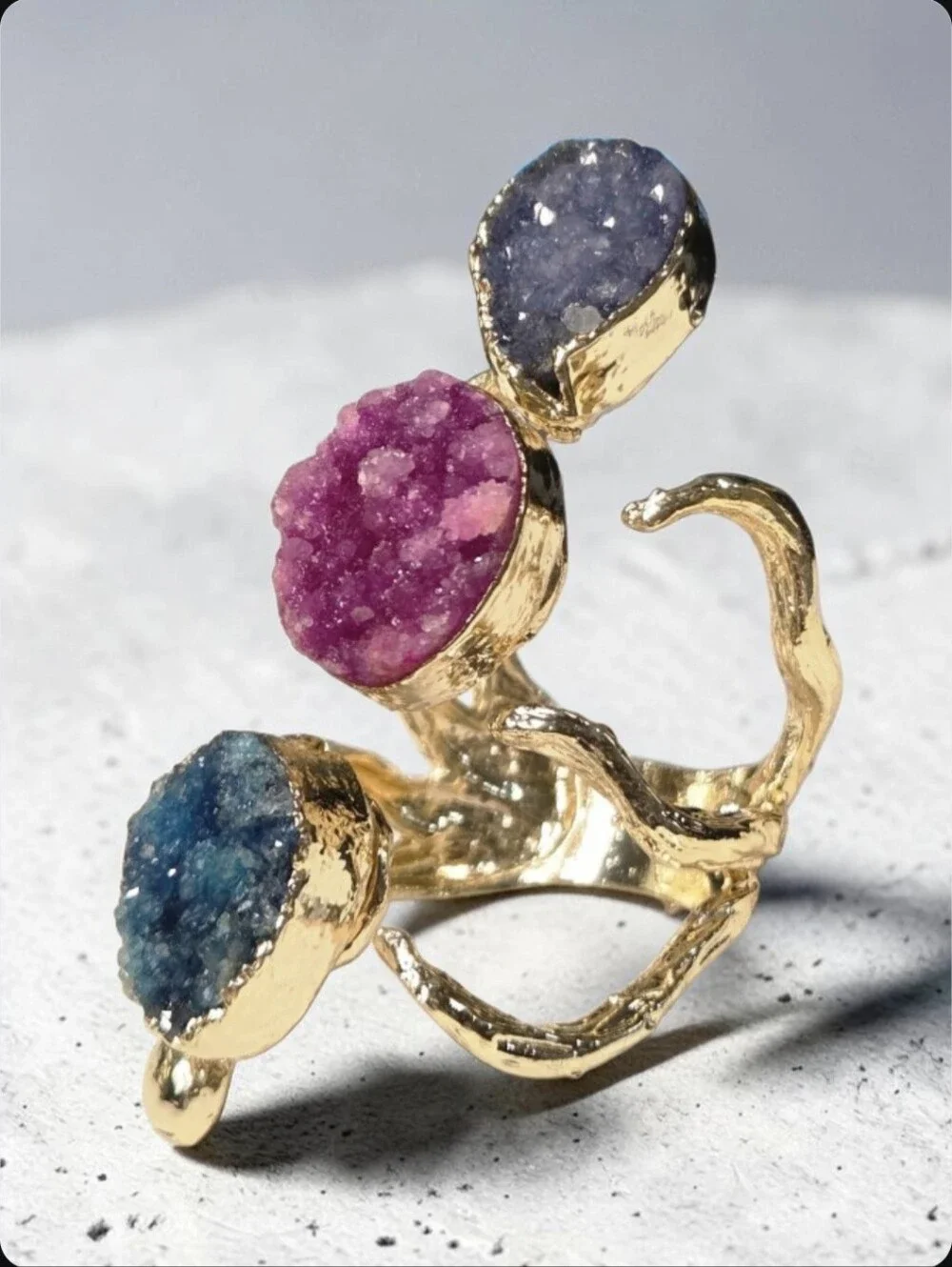 The Best 18k Gold Plated Artisan Sugar Druzy Branch Oversized Statement Ring